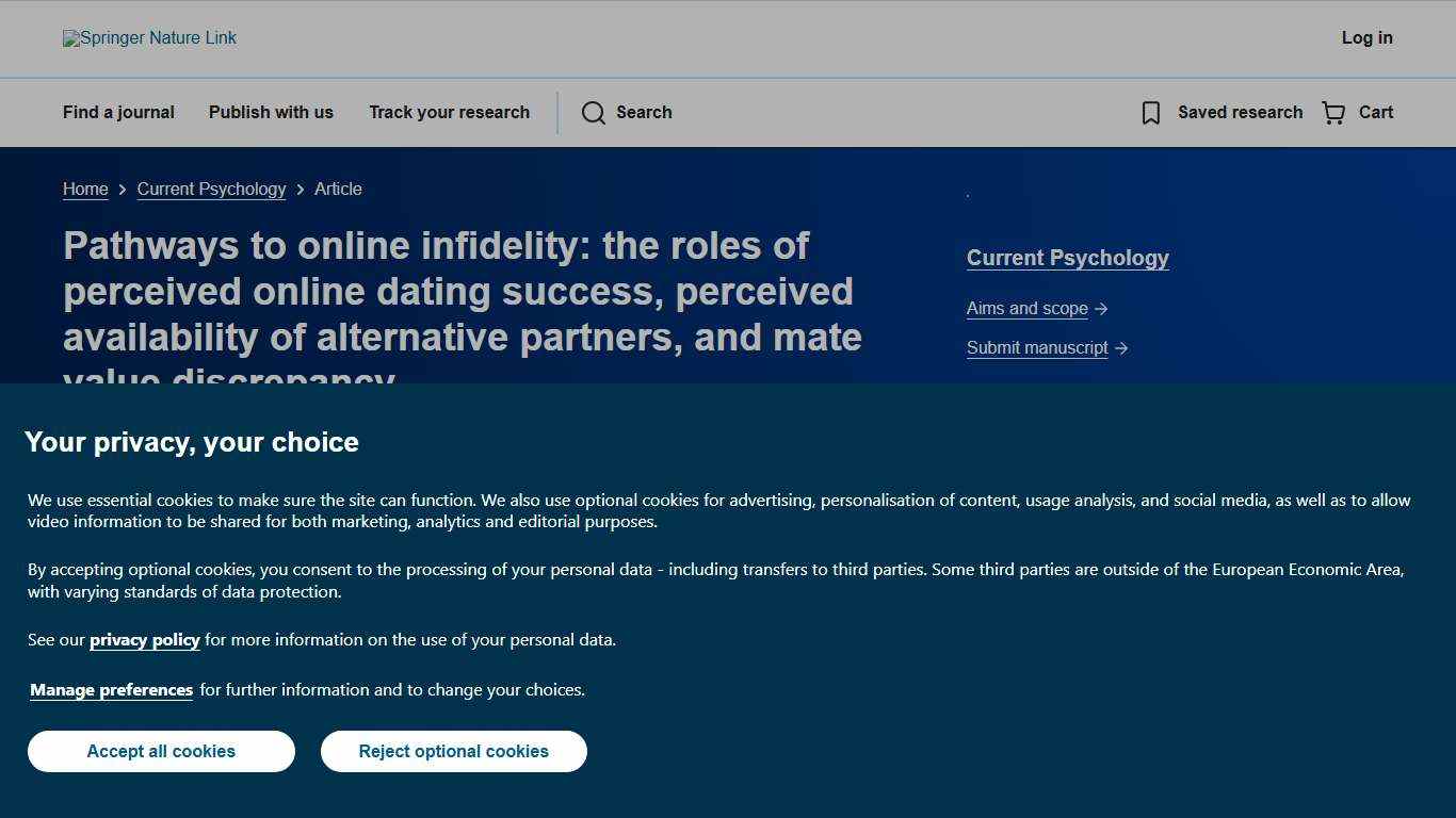 Pathways to online infidelity: the roles of perceived online dating success, perceived availability of alternative partners, and mate value discrepancy | Current Psychology | Springer Nature Link