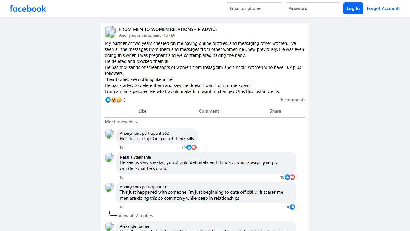 FROM MEN TO WOMEN RELATIONSHIP ADVICE | My partner of two years cheated on me having online profiles, and messaging other women | Facebook